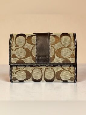Coach 1941 Leatherwear Tan Canvas and Brown Leather Signature C Tri Fold Wallet